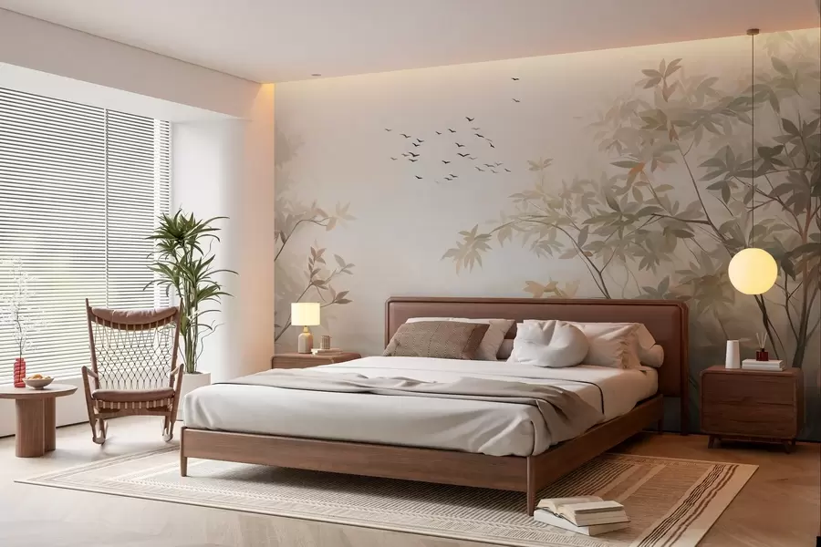 zidne murale Teksturirani krajolik s drvećem i jatom ptica koje lete nebom, pastelne boje, prirodni prizor  w09418