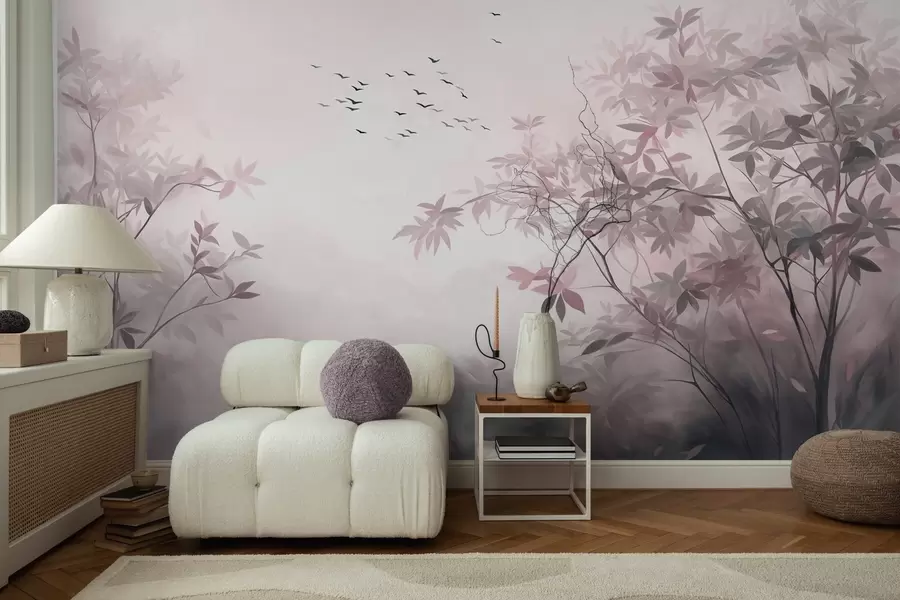 zidne murale Teksturirani krajolik s drvećem i jatom ptica koje lete nebom, pastelne boje, prirodni prizor w09418v1
