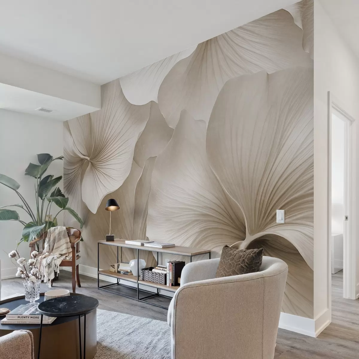 zidne murale Bijeli i bež listovi ginka, mekane teksture, apstraktna cvjetna pozadina, minimalistički moderni stil w09421v1