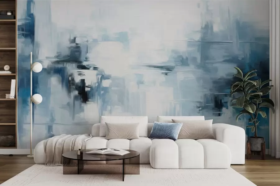 zidne murale Imitacija apstraktne teksturirane pejzažne slike s plavim i bijelim potezima kista, moderni stil w09422