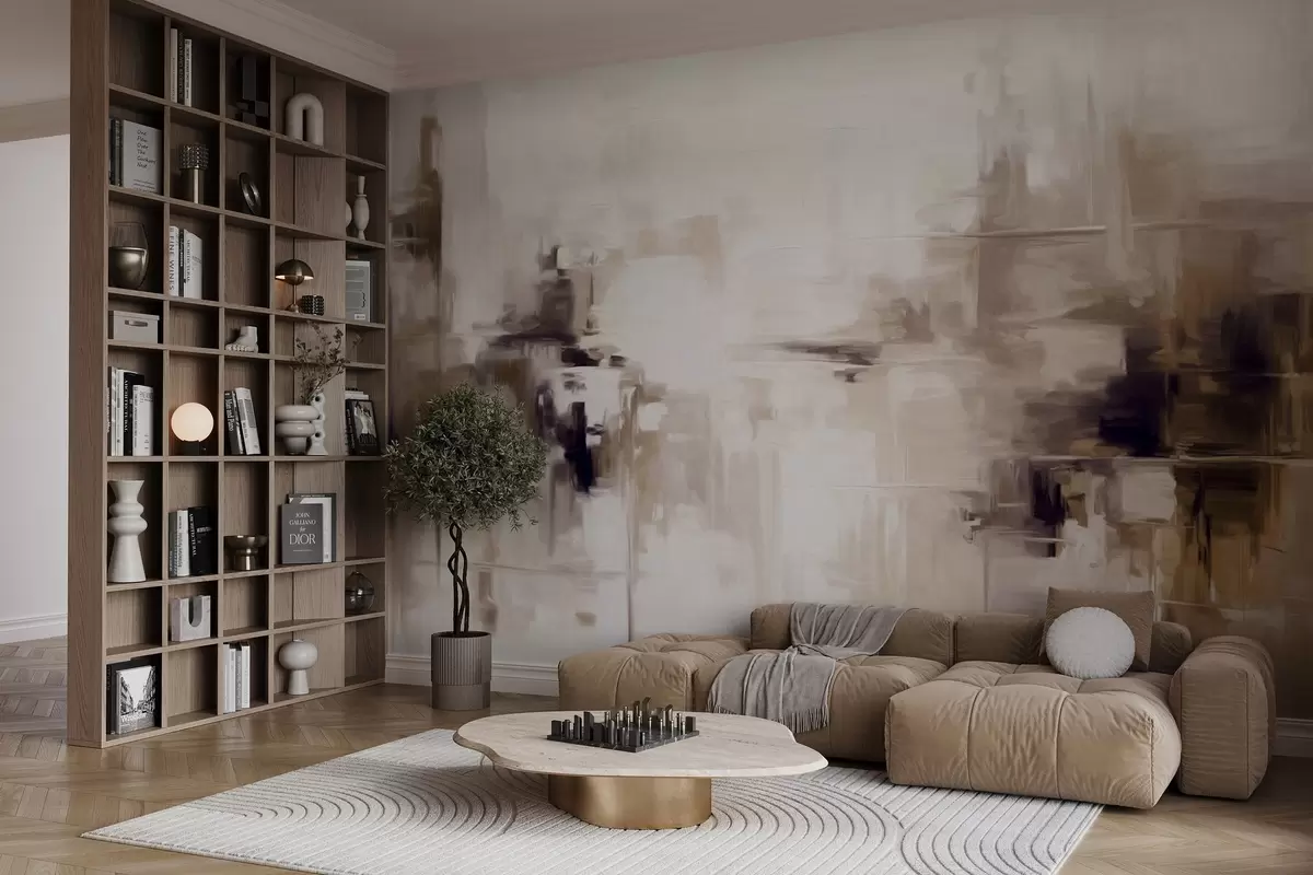 zidne murale Imitacija apstraktne teksturirane pejzažne slike sa smeđim i bijelim potezima kista, moderni stil w09422v1