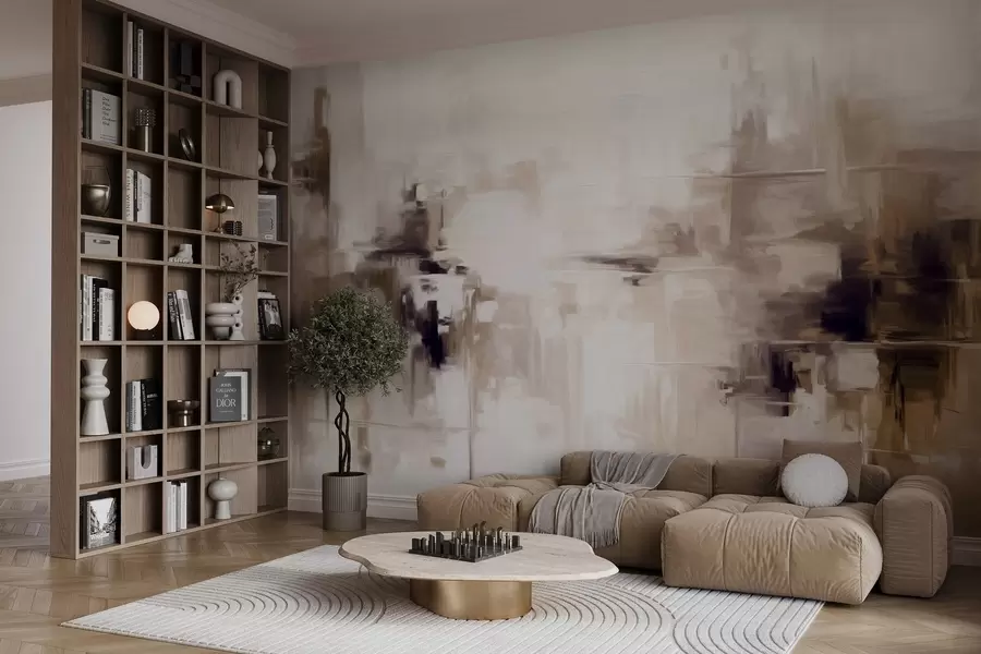 zidne murale Imitacija apstraktne teksturirane pejzažne slike sa smeđim i bijelim potezima kista, moderni stil w09422v1