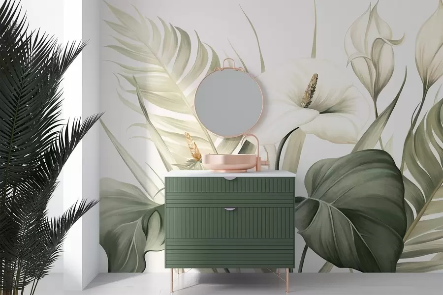 zidne murale Bijele kale i zeleno tropsko lišće, botanička ilustracija, svijetla pozadina, vintage stil, teksturirano w09423