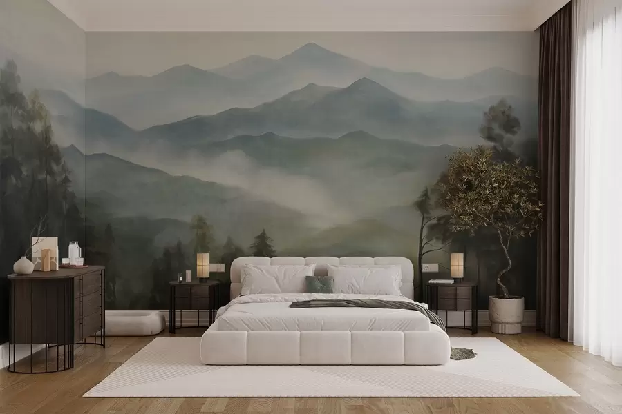 zidne murale Magloviti planinski lanac s drvećem, magla, oblačno nebo, prigušene boje, stil slikanja pejzaža w09424