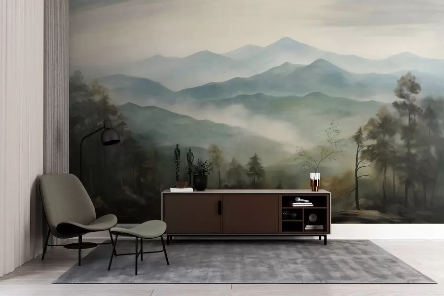 zidne murale Magloviti planinski lanac s drvećem, magla, oblačno nebo, prigušene boje, stil slikanja pejzaža w09424