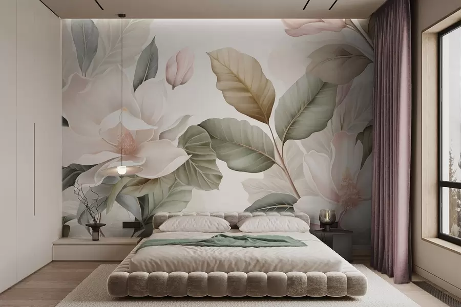 zidne murale Cvjetovi magnolije s listovima u pastelnim bojama, bijelim, ružičastim i zelenim, mekim, nježnim, akvarel stilom w09427