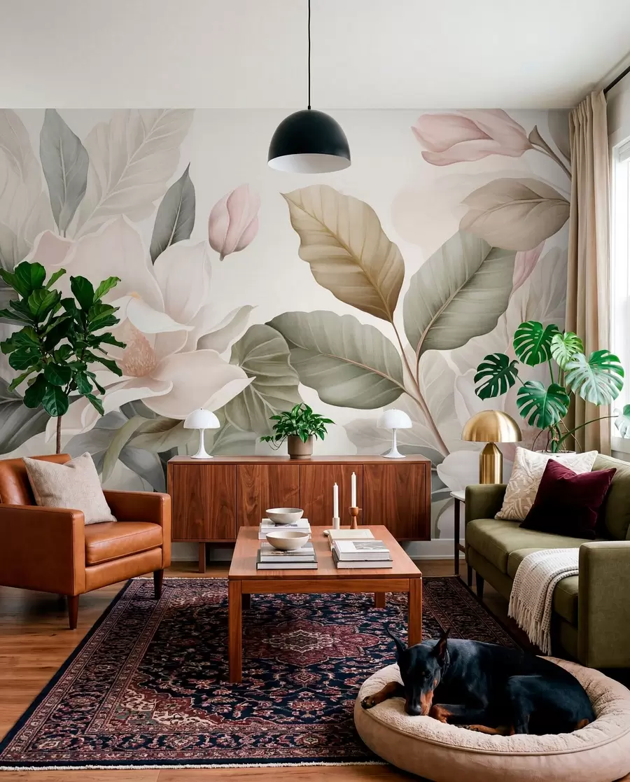 zidne murale Cvjetovi magnolije s listovima u pastelnim bojama, bijelim, ružičastim i zelenim, mekim, nježnim, akvarel stilom w09427