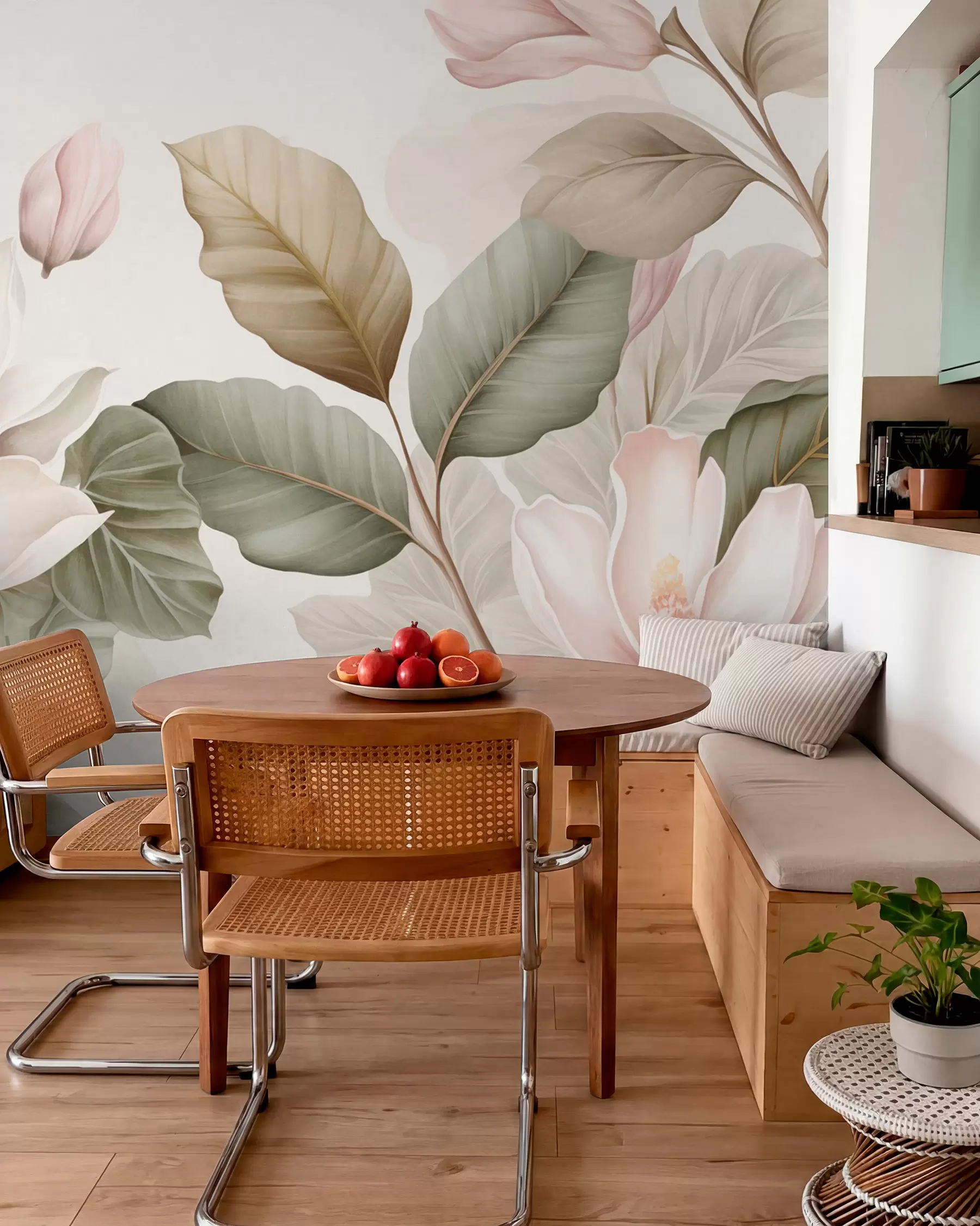 zidne murale Cvjetovi magnolije s listovima u pastelnim bojama, bijelim, ružičastim i zelenim, mekim, nježnim, akvarel stilom w09427