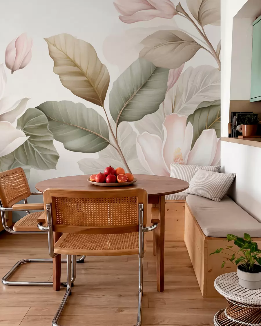 zidne murale Cvjetovi magnolije s listovima u pastelnim bojama, bijelim, ružičastim i zelenim, mekim, nježnim, akvarel stilom w09427