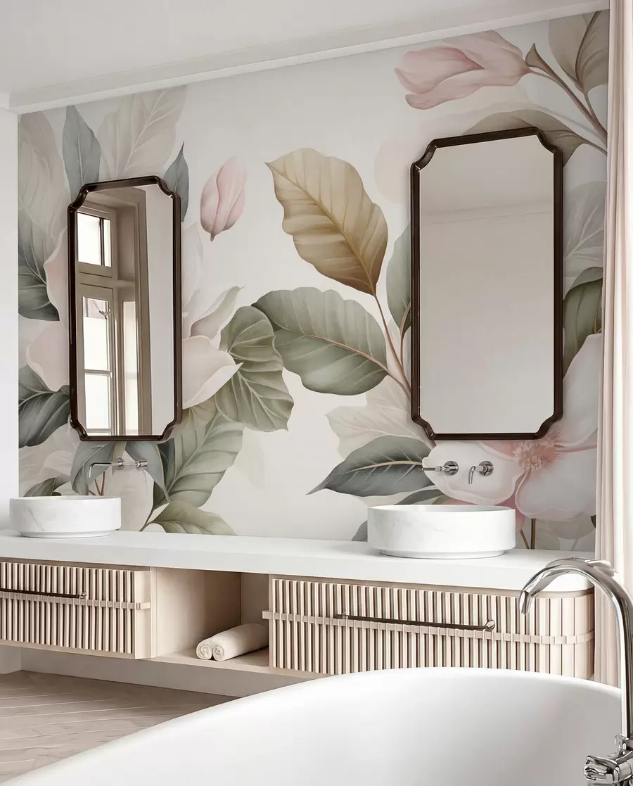 zidne murale Cvjetovi magnolije s listovima u pastelnim bojama, bijelim, ružičastim i zelenim, mekim, nježnim, akvarel stilom w09427