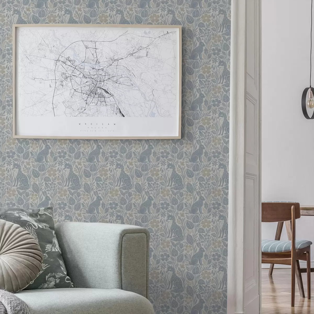 Pozadina Šumske životinje i cvijeće: lisica i zec u plavim tonovima a00613