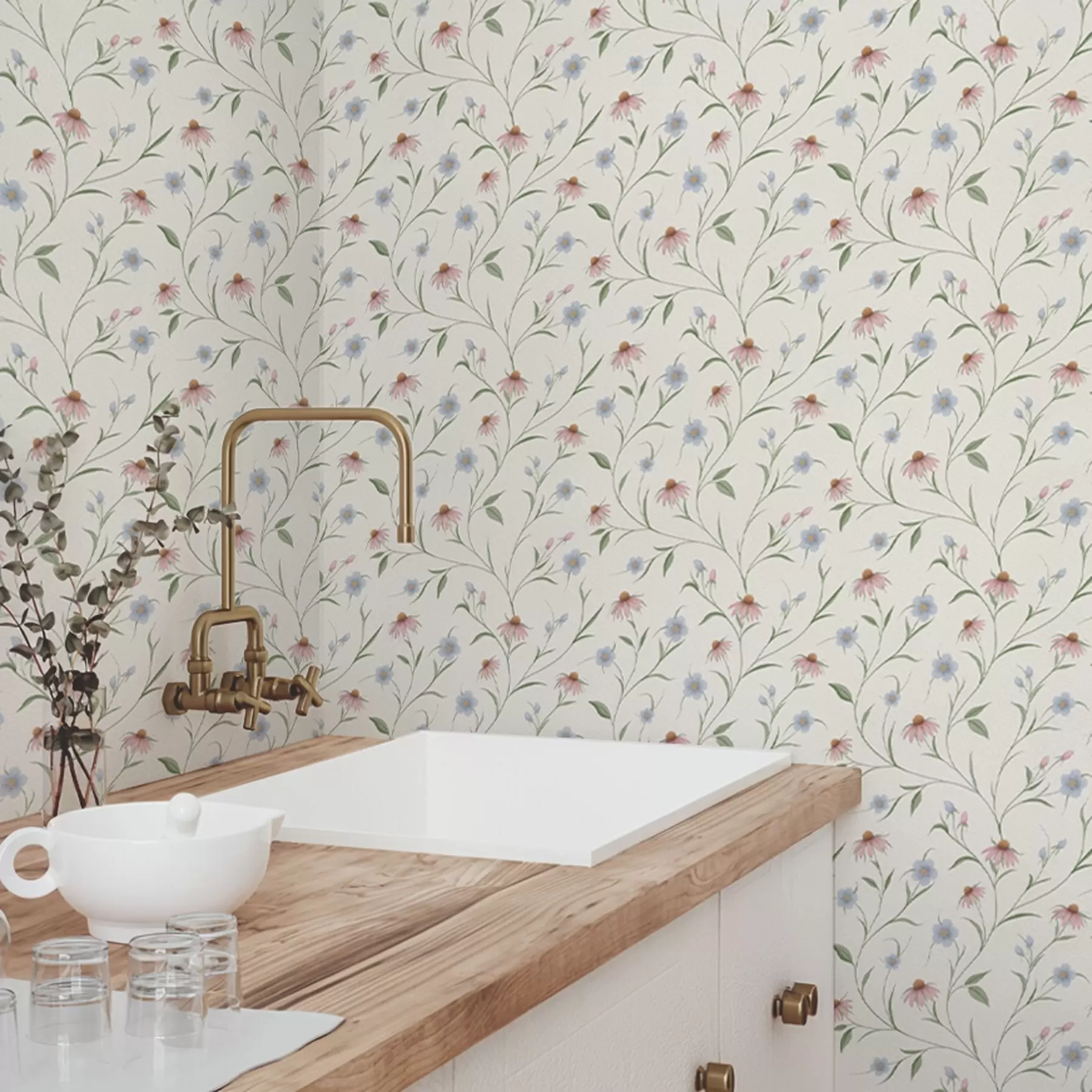 zidne murale Poljske tratinčice i ehinacea na kremastoj pozadini, lakoća a00614