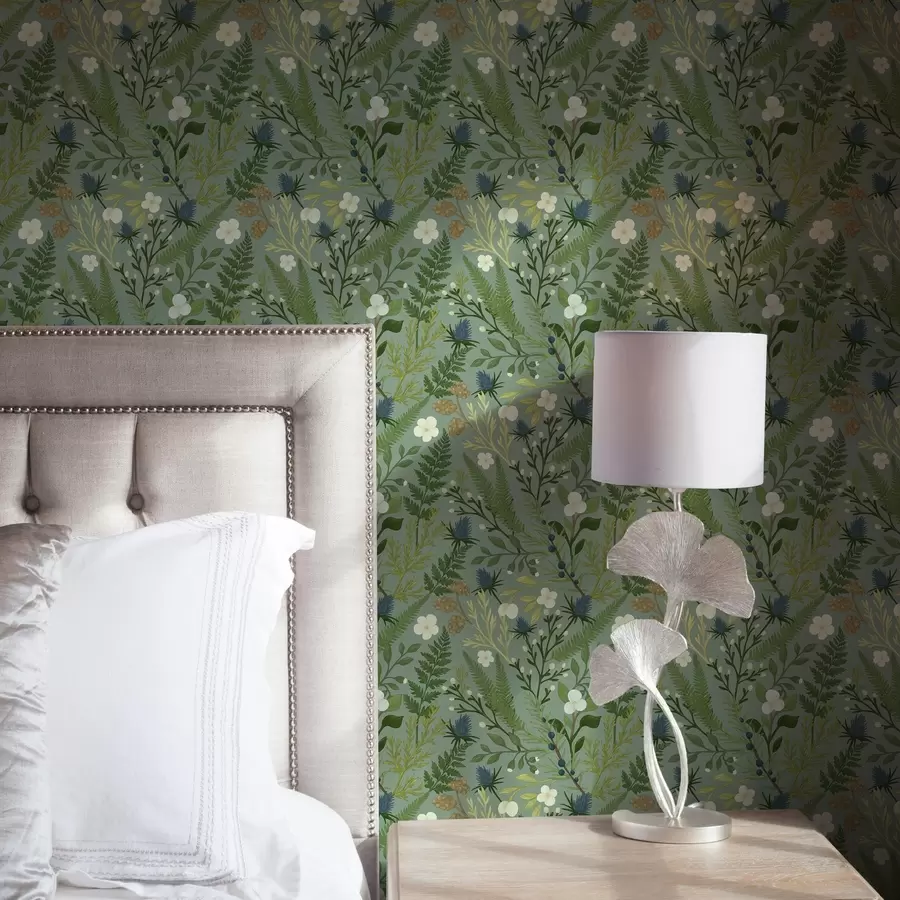 zidne murale Šumsko bilje, cikorija i bobice na pozadini boje mente a00621v1