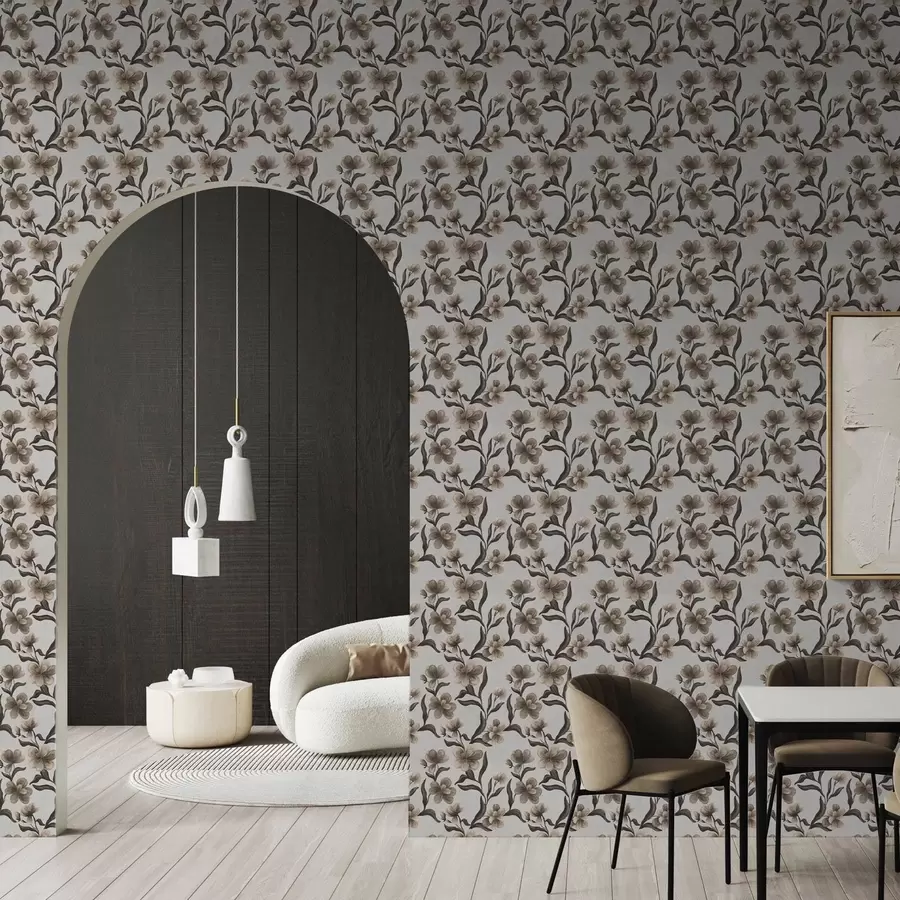 zidne murale Bež cvijeće i tamne grane na svijetlosivoj pozadini a00626v1