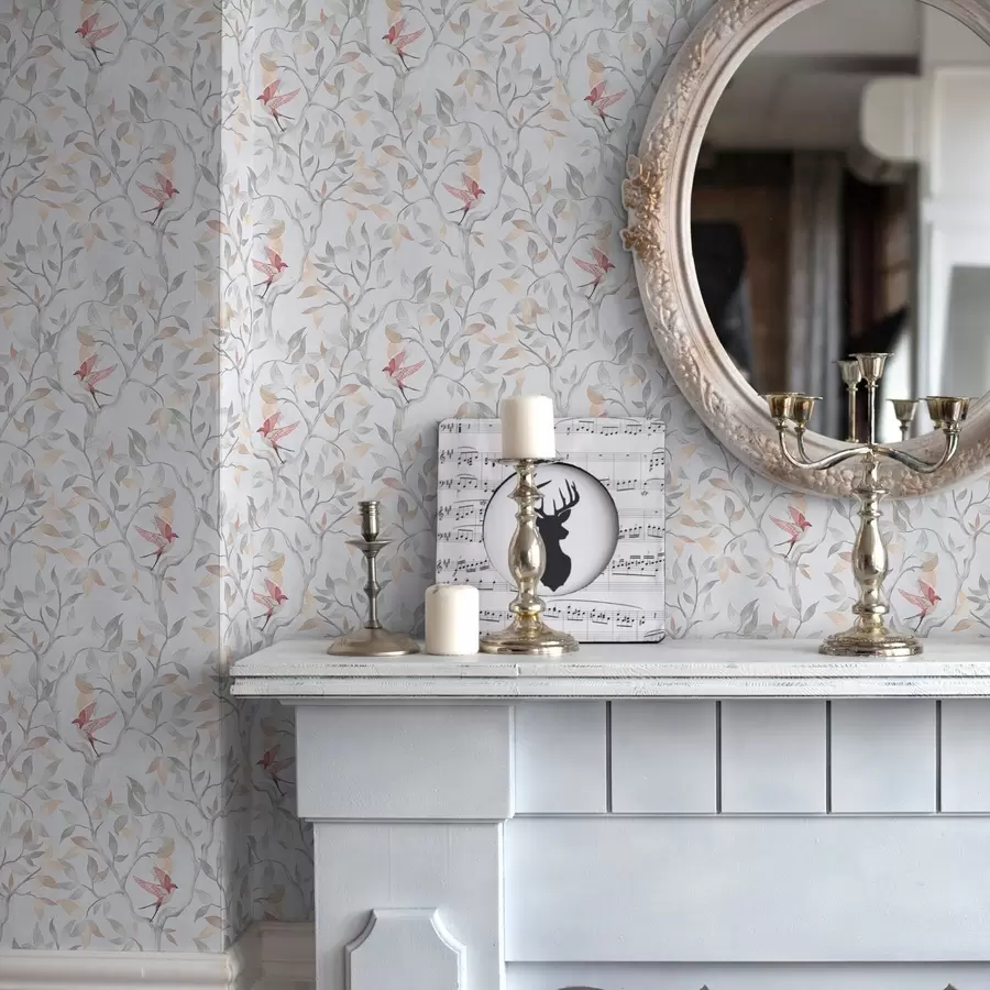 zidne murale Svijetle grane s lišćem i pticama u breskvastim tonovima a00716