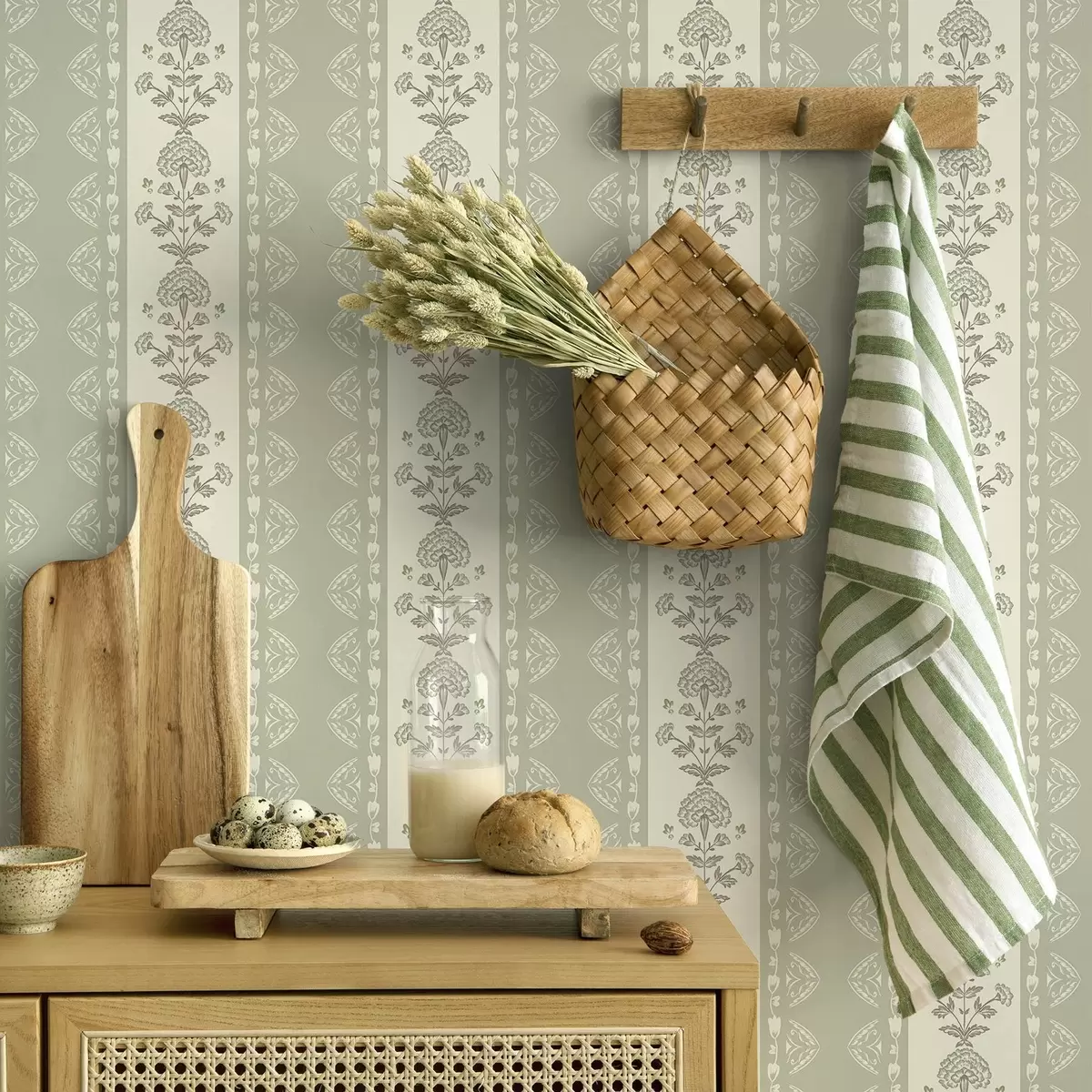 Pozadina Prugasti ukras s cvjetnim stupovima u tonovima kadulje a00719