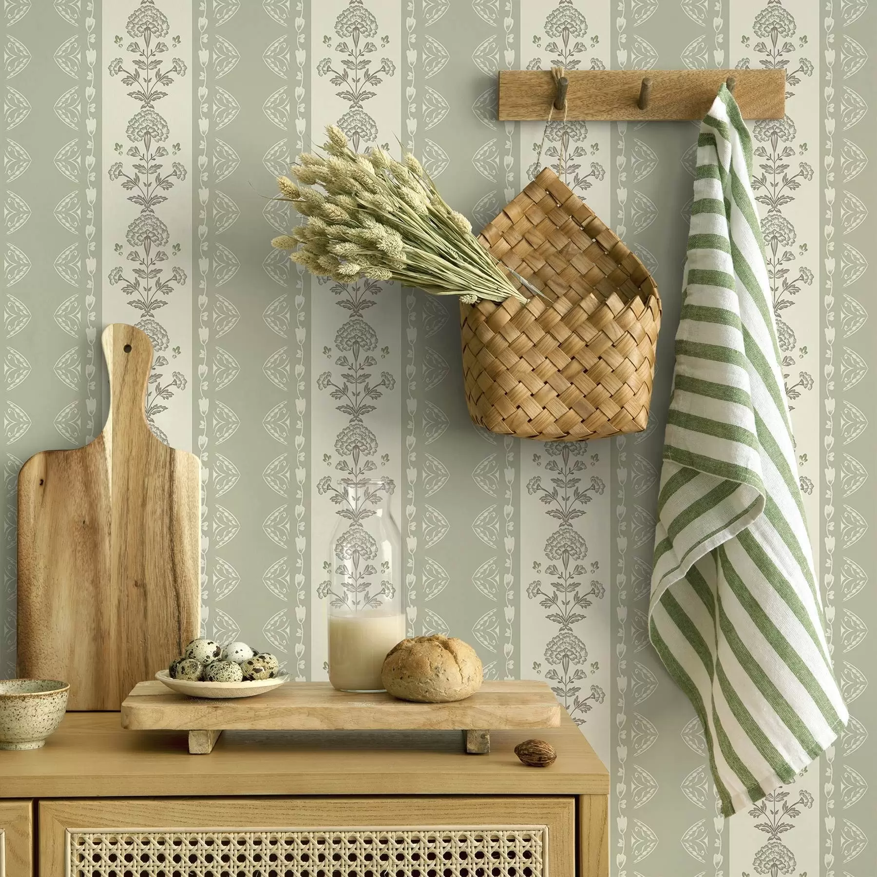 zidne murale Prugasti ukras s cvjetnim stupovima u tonovima kadulje a00719