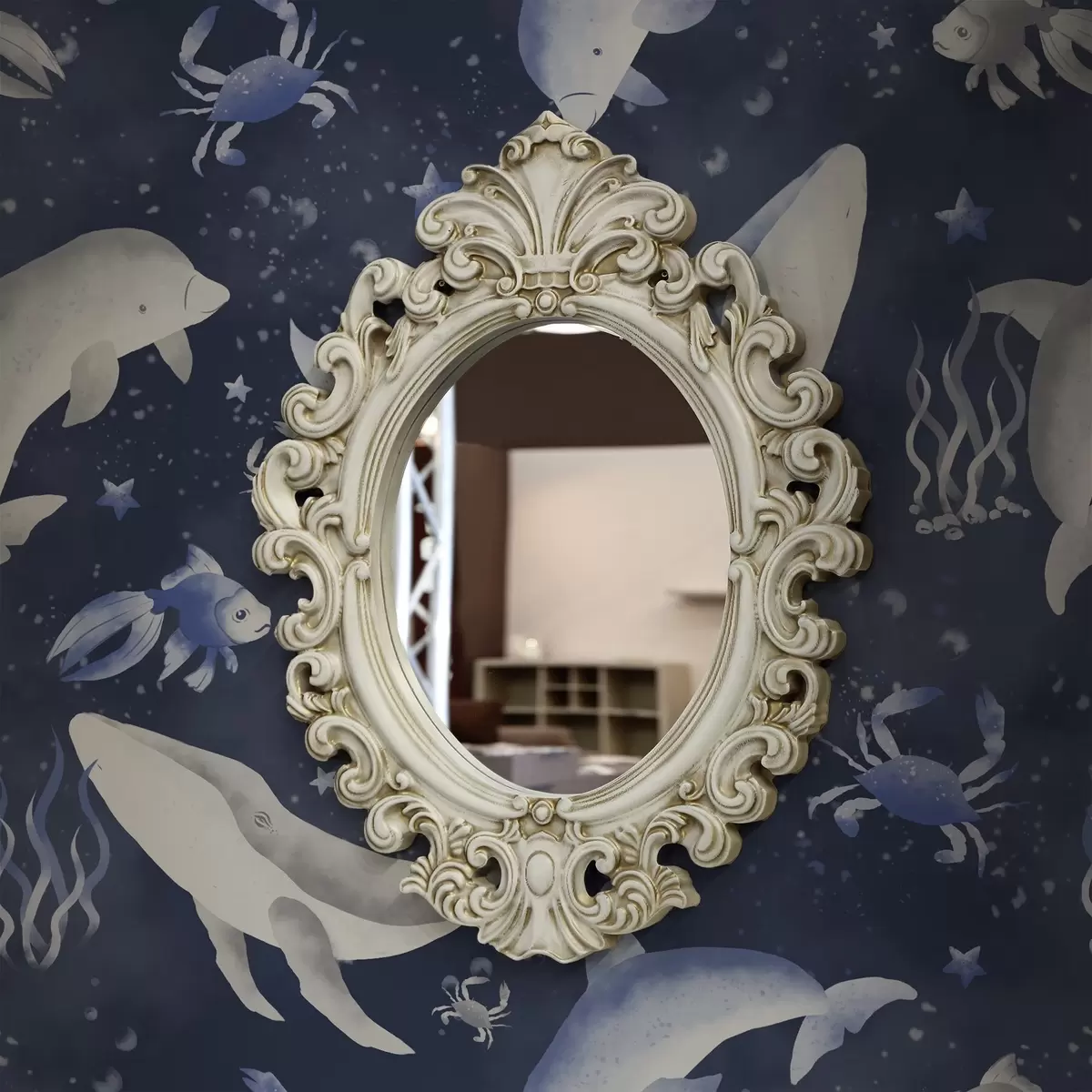 Pozadina Morski kitovi, dupini i rakovi na tamnoplavoj pozadini a00720