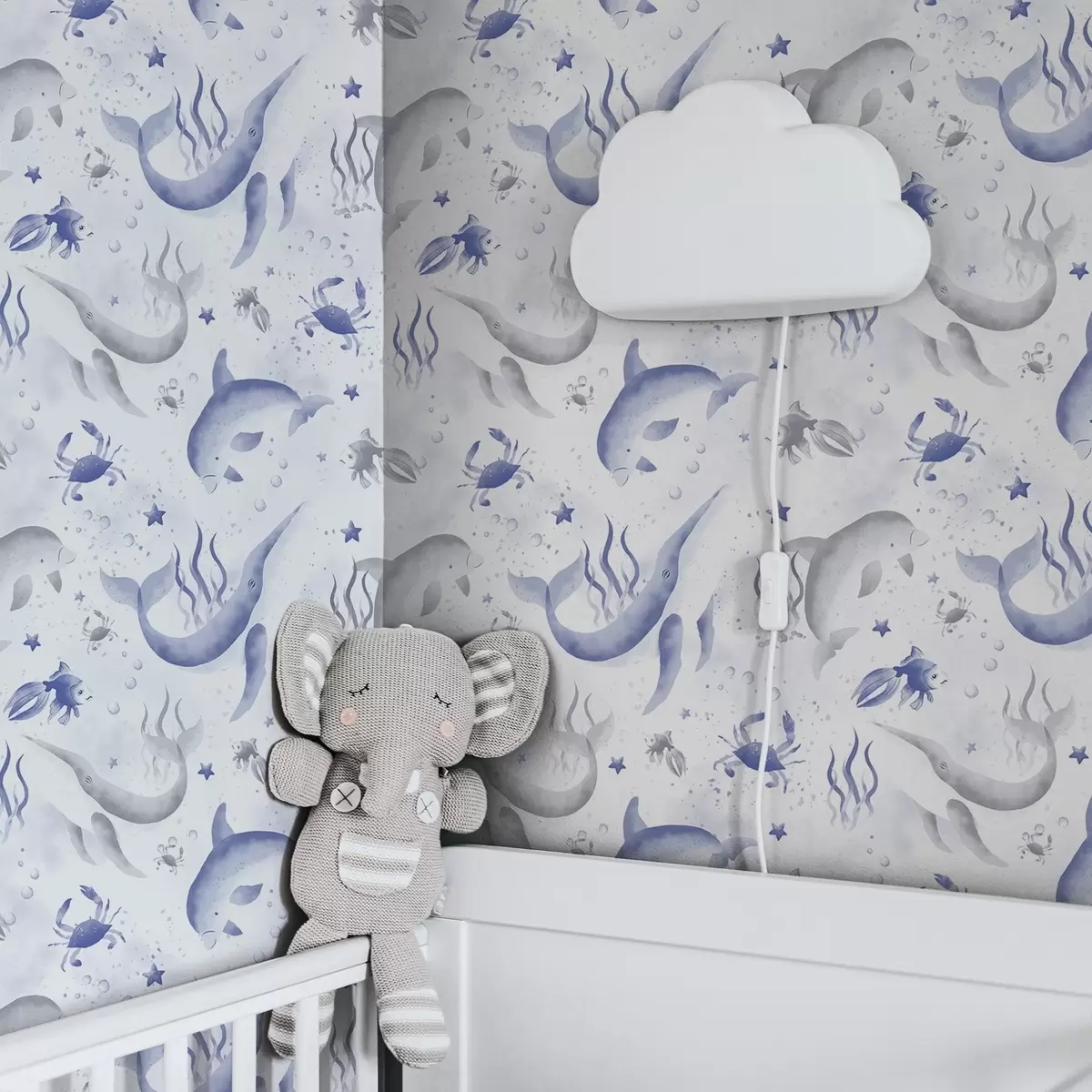 Pozadina Morski kitovi i dupini u plavim tonovima na bijeloj pozadini a00720v1