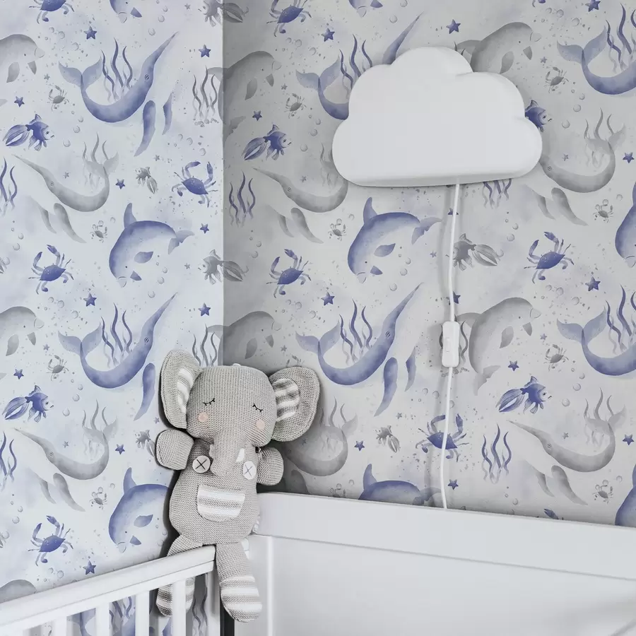 zidne murale Morski kitovi i dupini u plavim tonovima na bijeloj pozadini a00720v1