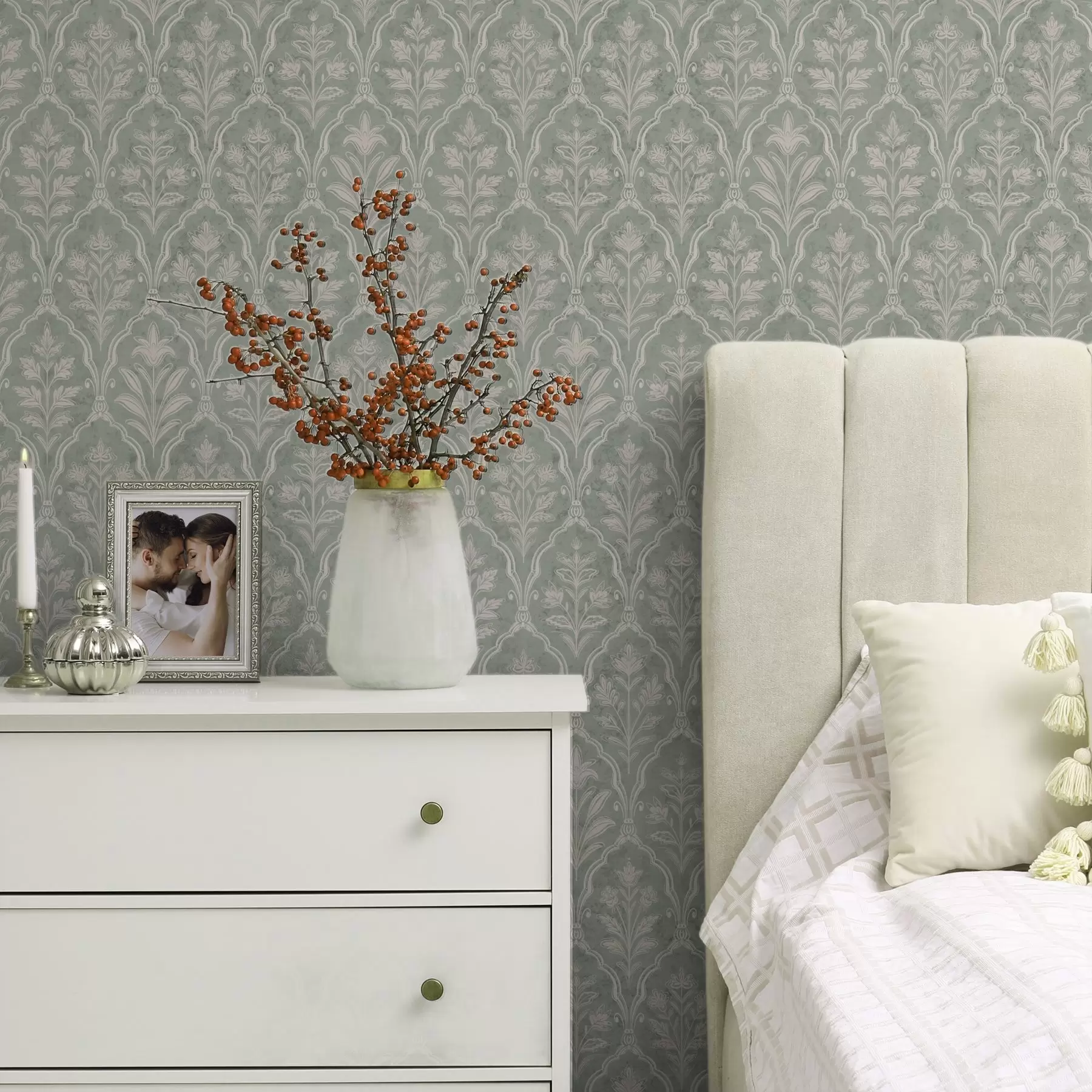 zidne murale Damask boje mente s finim cvjetnim medaljonima a00741