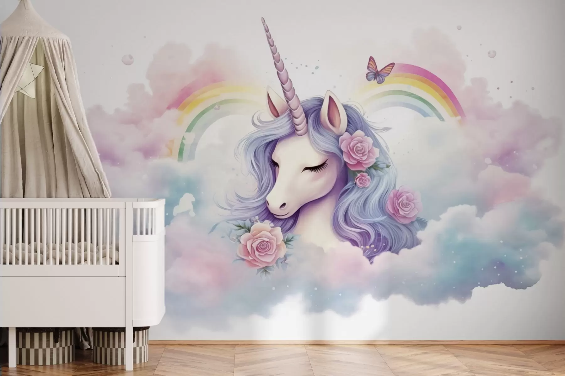 zidne murale Pastelni jednorog u oblacima s dugom i ružama w03990