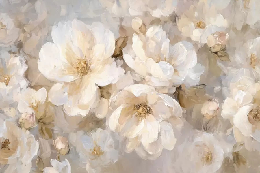 zidne murale veliko cvijeće u bijelim i bež tonovima u stilu uljanog slikarstva w04633