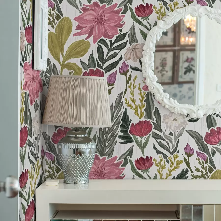 zidne murale Bujno ružičasto i kremasto cvijeće na bijeloj pozadini, impasto tekstura a00629v1