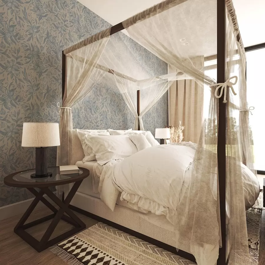 zidne murale Plavi linearni cvjetni uzorak na toploj bež boji a00630v2