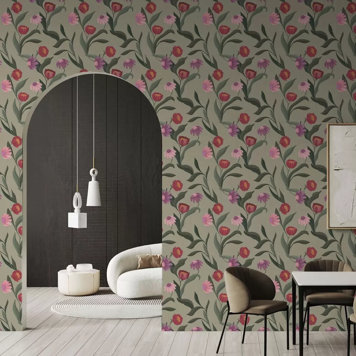 Pozadina Ružičasto-crveno cvijeće na maslinastoj pozadini, tekstura platna a00631v1