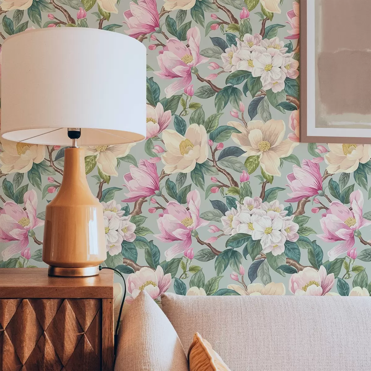 Pozadina Magnolije i bijeli cvjetovi na mint-sivoj pozadini a00644