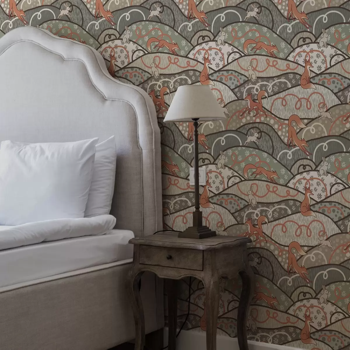 Pozadina Lisice i zečevi na valovitim brdima, retro uzorak a00690