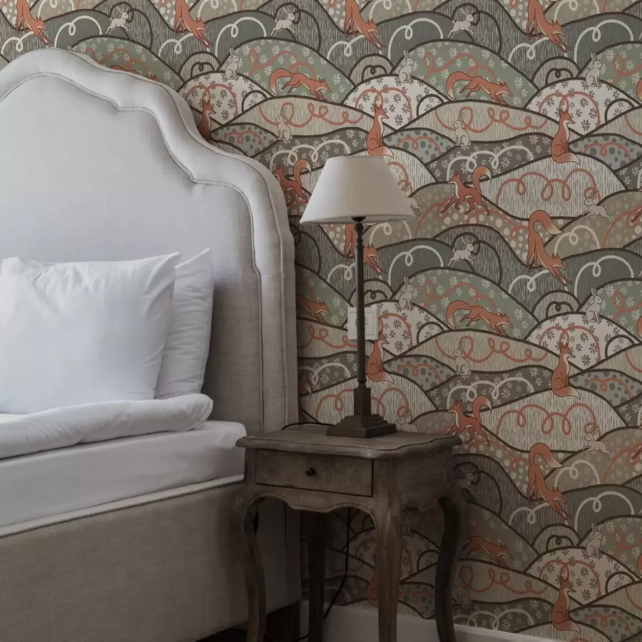 zidne murale Lisice i zečevi na valovitim brdima, retro uzorak a00690