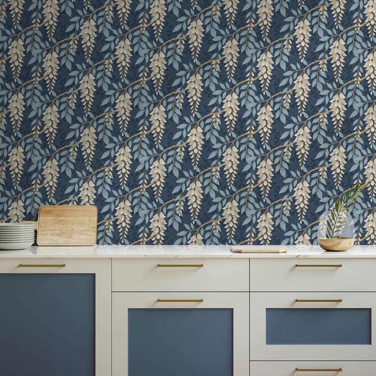 Pozadina Glicinija s plavim lišćem na tamnoplavoj pozadini a00694v2