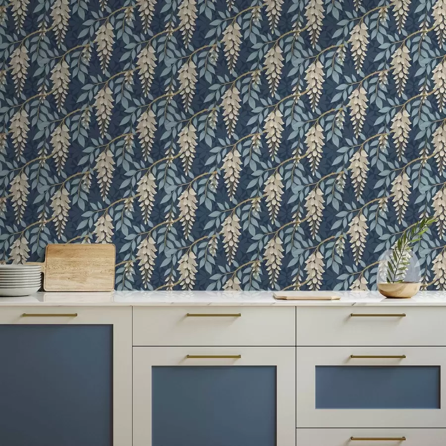 zidne murale Glicinija s plavim lišćem na tamnoplavoj pozadini a00694v2