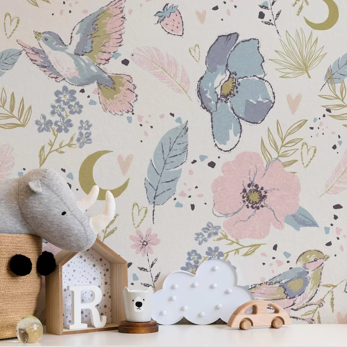 Pozadina Pastelne ptice i cvijeće s polumjesecima na bijeloj pozadini a00721