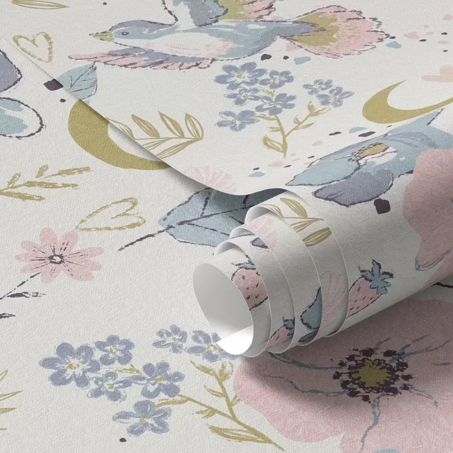 zidne murale Pastelne ptice i cvijeće s polumjesecima na bijeloj pozadini a00721