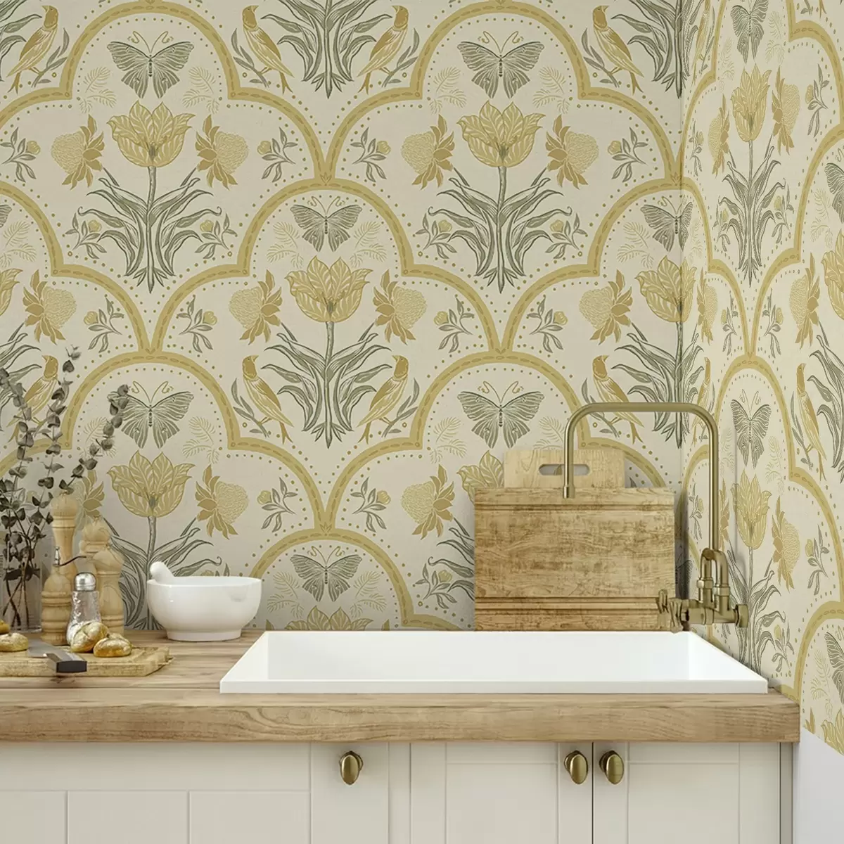 Pozadina Ornament s tulipanom, pticama i leptirima, oker a00722