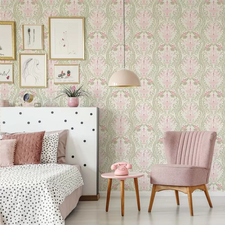 zidne murale Fontane, kolibrići i zeleni svitci na svijetloj pozadini a00723