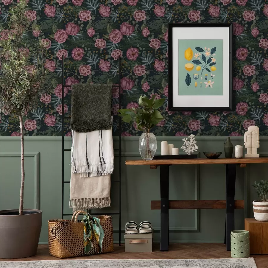 zidne murale Tamna flora s ružičastim cvijećem i lišćem, tamna pozadina a00724