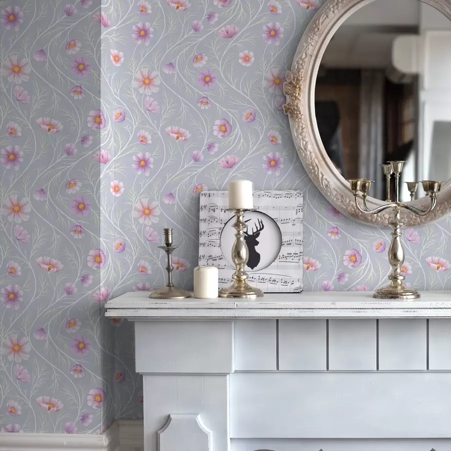 zidne murale Ružičasti kozmos i vitke stabljike na sivoj pozadini a00791