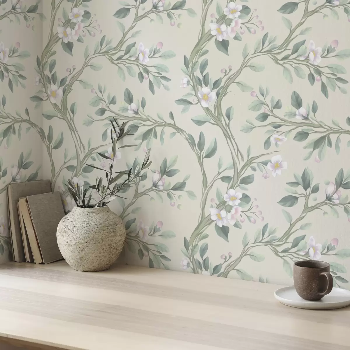 Pozadina Nježne cvjetajuće grane na kremastoj pozadini, pastelne a00793