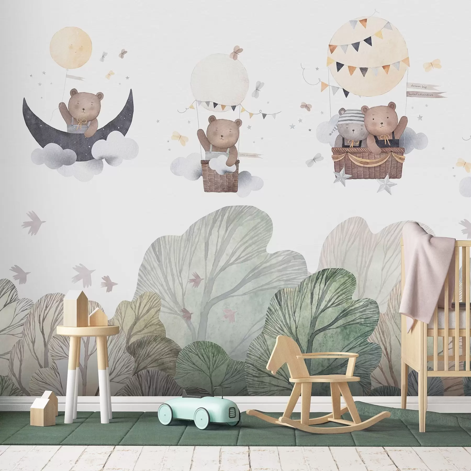 zidne murale Baloni u akvarelu s medvjedima iznad šume w09437