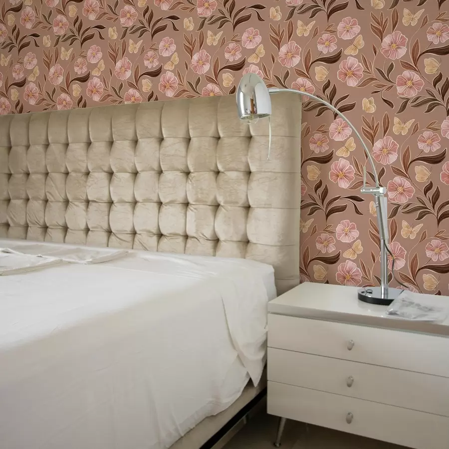 zidne murale Ružičasto cvijeće i leptiri na toploj smeđoj pozadini a00633v1