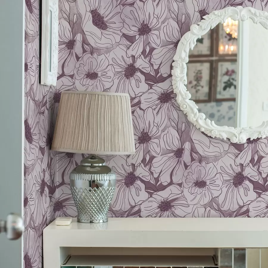 zidne murale Linearno cvijeće u hladnoj lila-ružičastoj paleti a00636v1