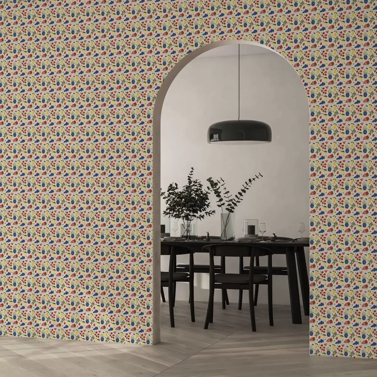 Pozadina Živahni uzorak s voćem, granama i vazama a00637