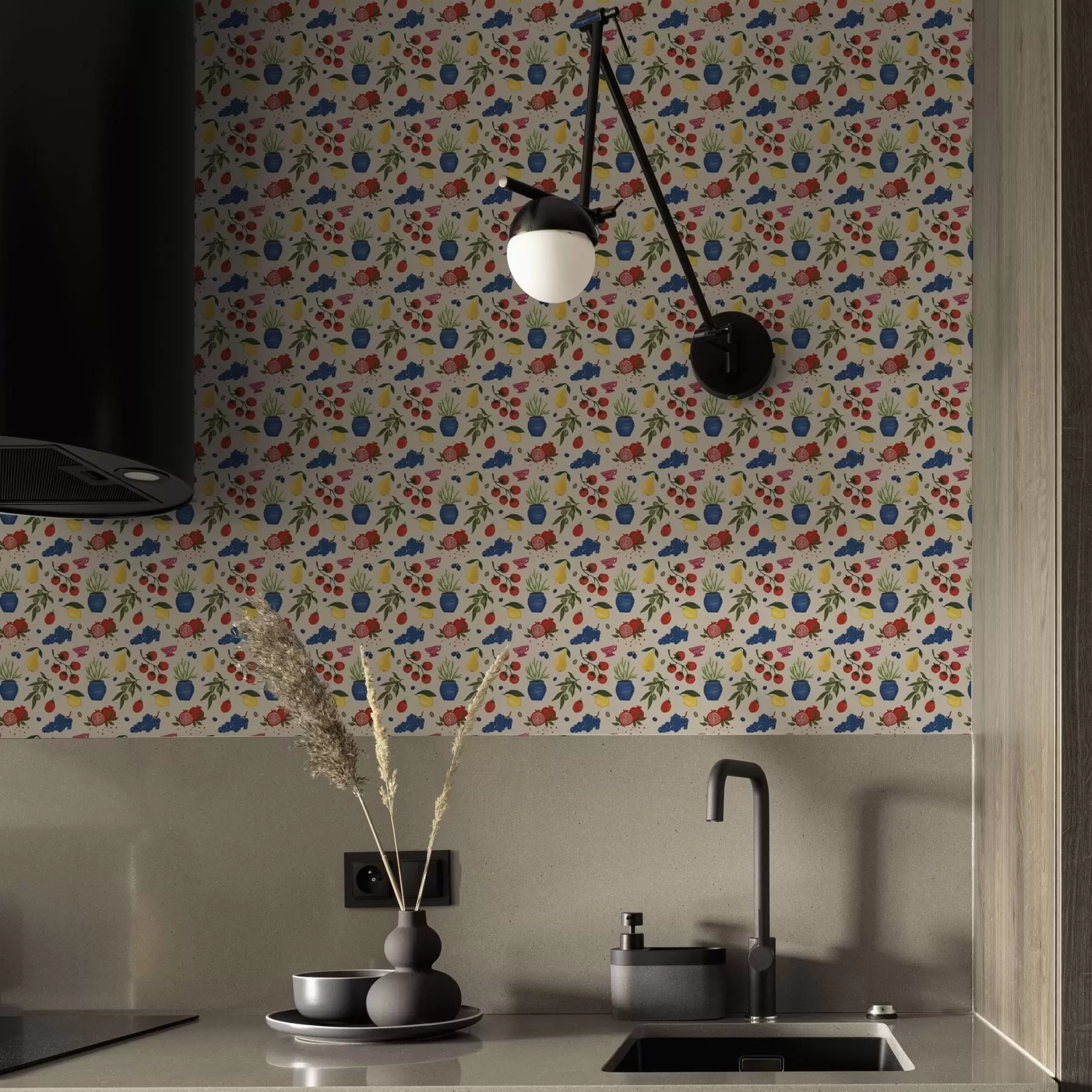 zidne murale Živahni uzorak s voćem, granama i vazama a00637