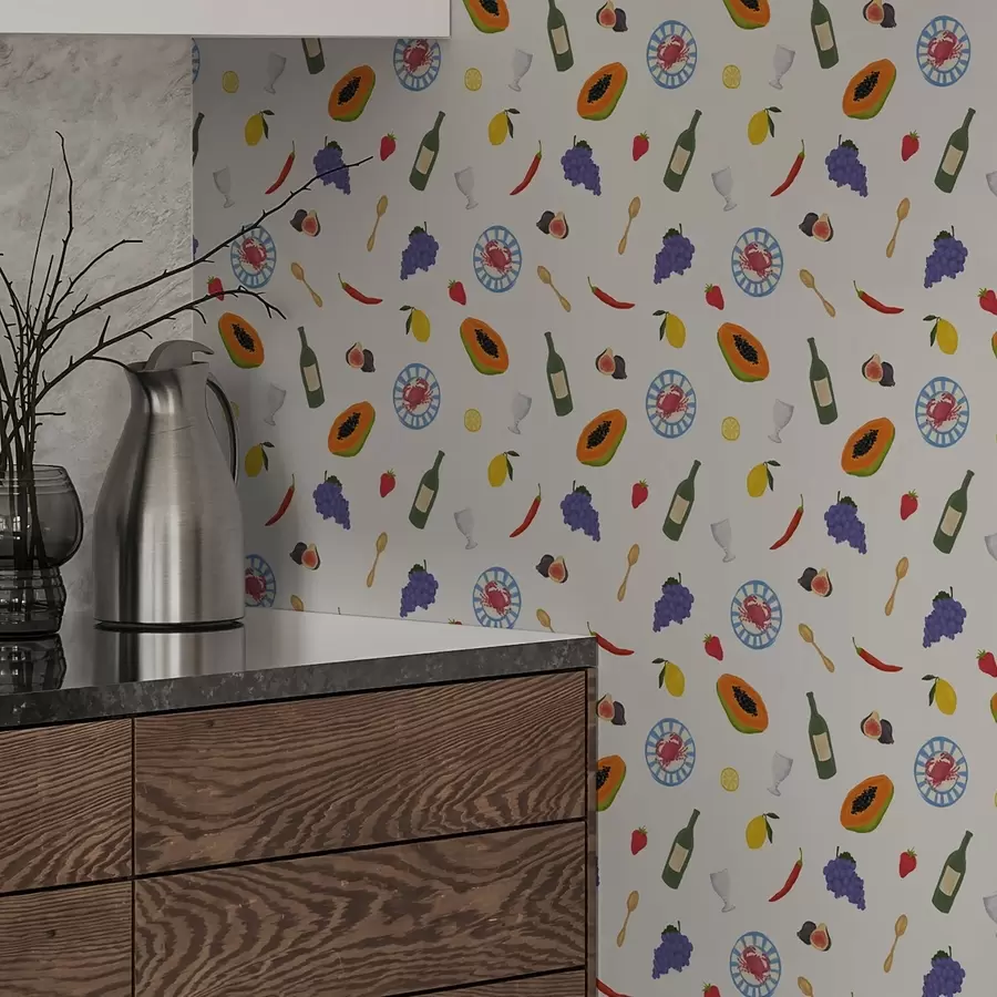 zidne murale Aranžirano voće, vino i začini na svijetloj pozadini a00639