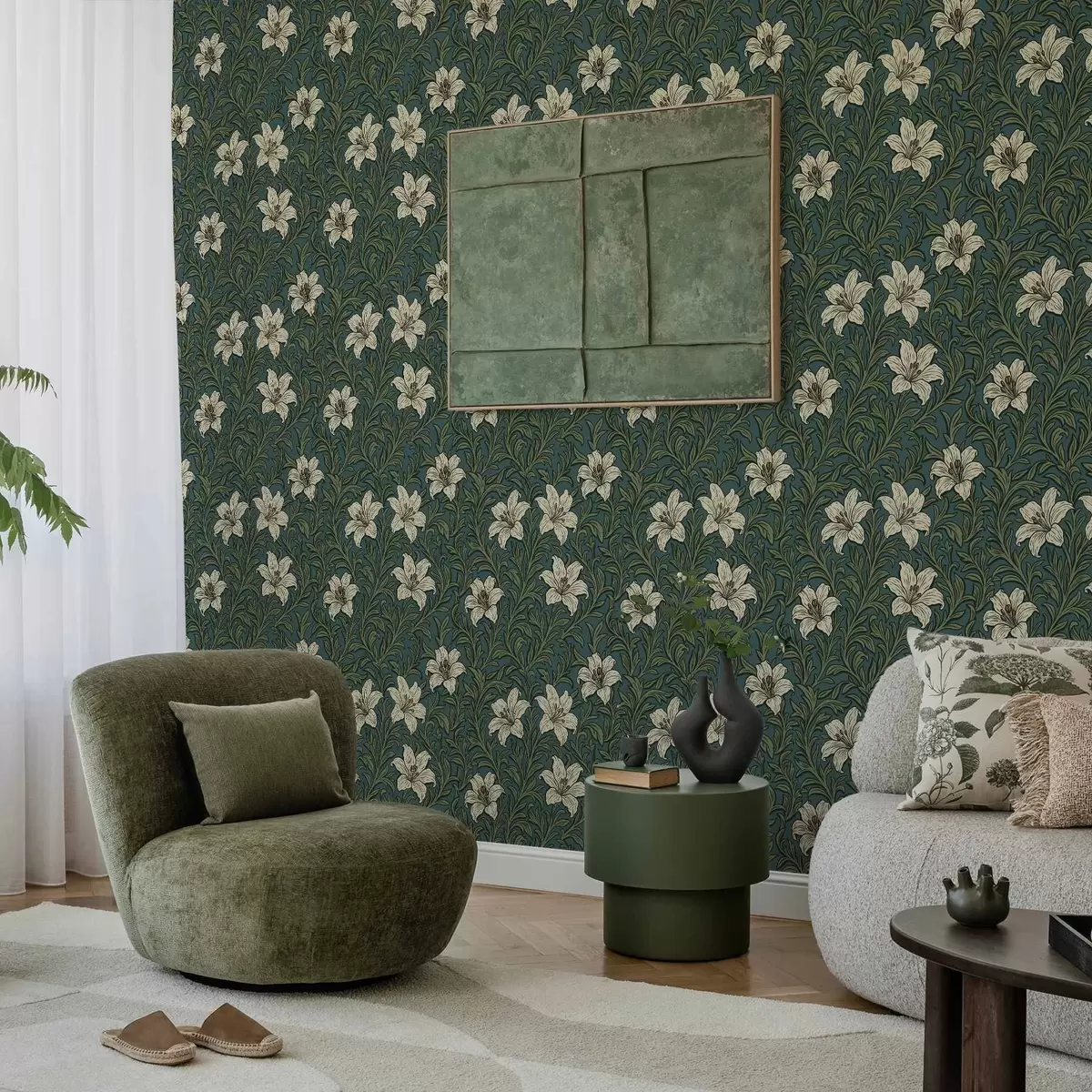 Pozadina Krem ljiljani među gustim zelenilom na tirkiznoj pozadini a00645