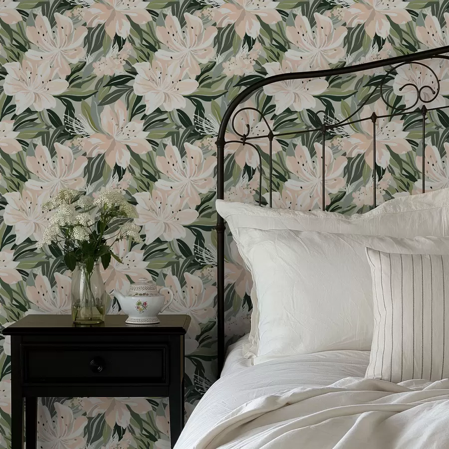 zidne murale Veliki kremasti cvjetovi na svijetlozelenoj pozadini a00646